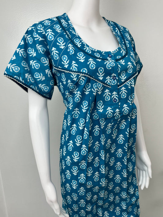 Blue Pleated Cotton Nightgown Soft & Comfortable.