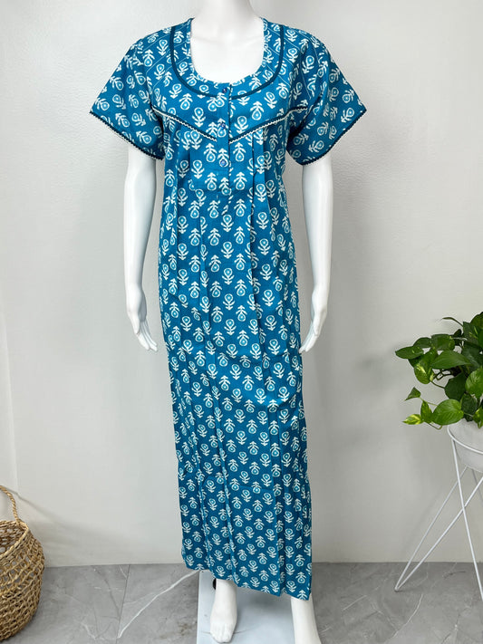 Blue Pleated Cotton Nightgown Soft & Comfortable.