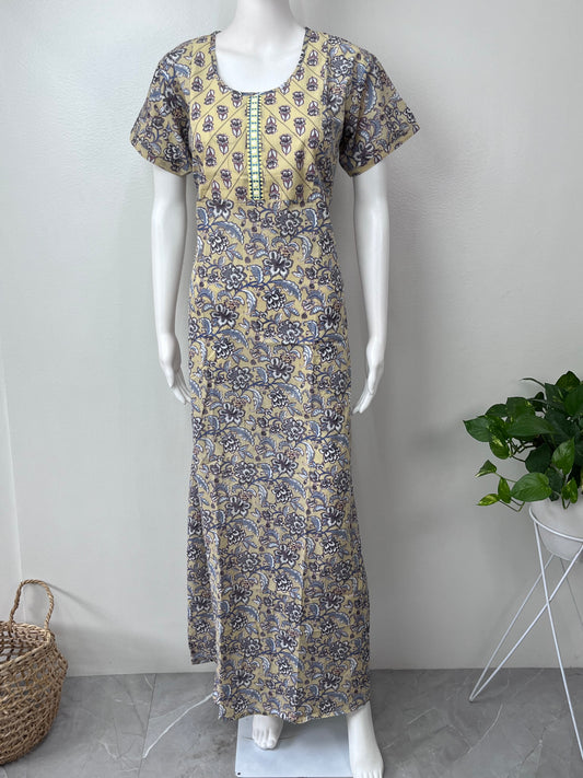 Yellow 100% Cotton Nightgown With Classic Embroidery