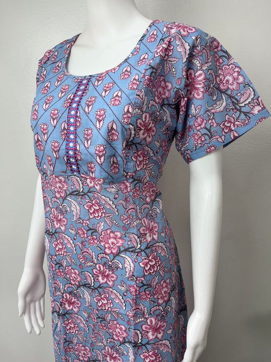 Light Blue Pure Cotton Embroidered Nighty for Women
