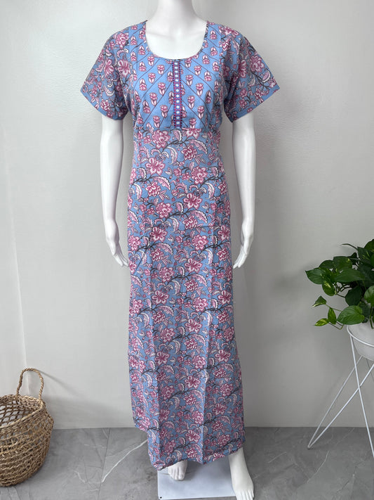 Light Blue Pure Cotton Embroidered Nighty for Women