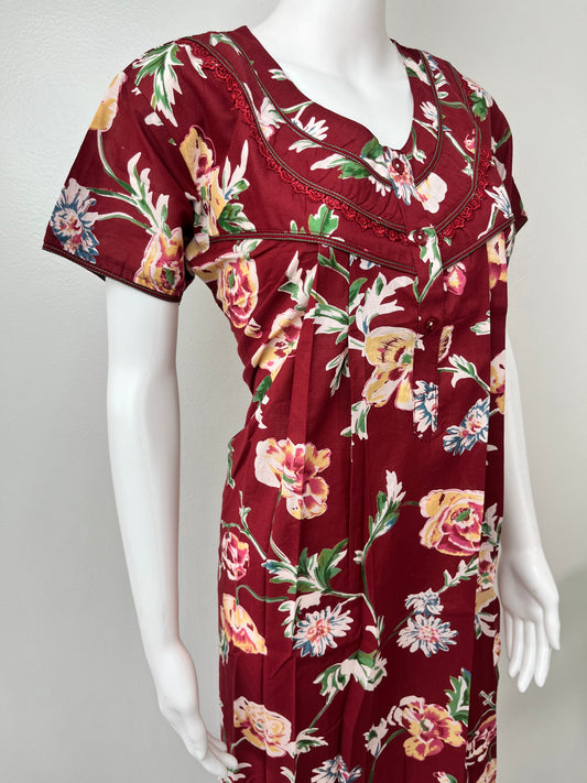 Red Flora Pleated 100% Cotton Nighty for Women