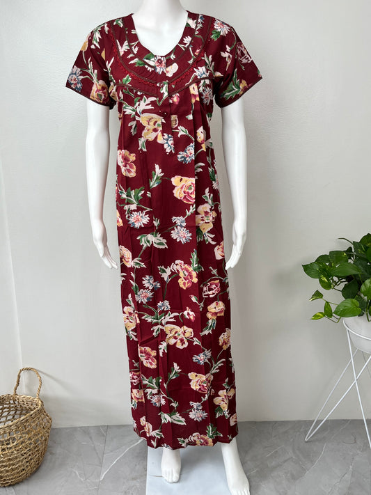 Red Flora Pleated 100% Cotton Nighty for Women