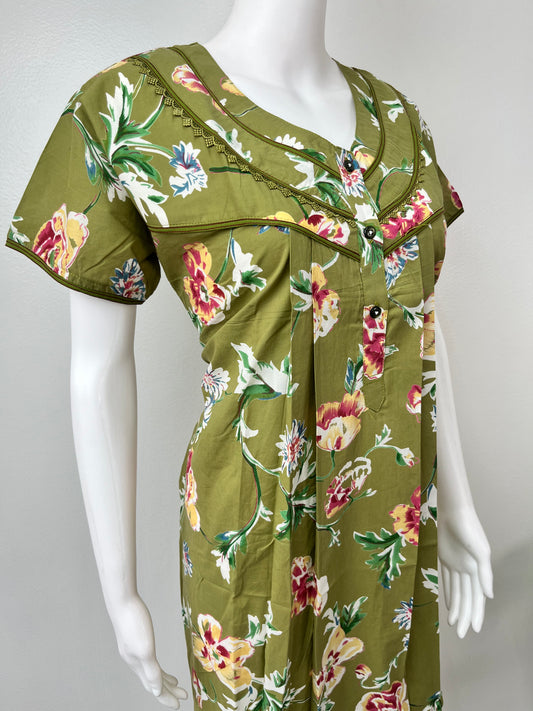 Olive Green Floral Printed 100% Cotton Nighty
