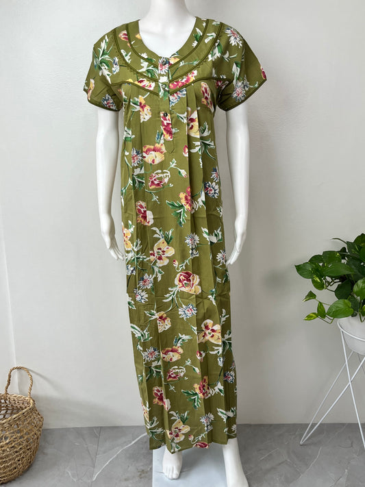 Olive Green Floral Printed 100% Cotton Nighty
