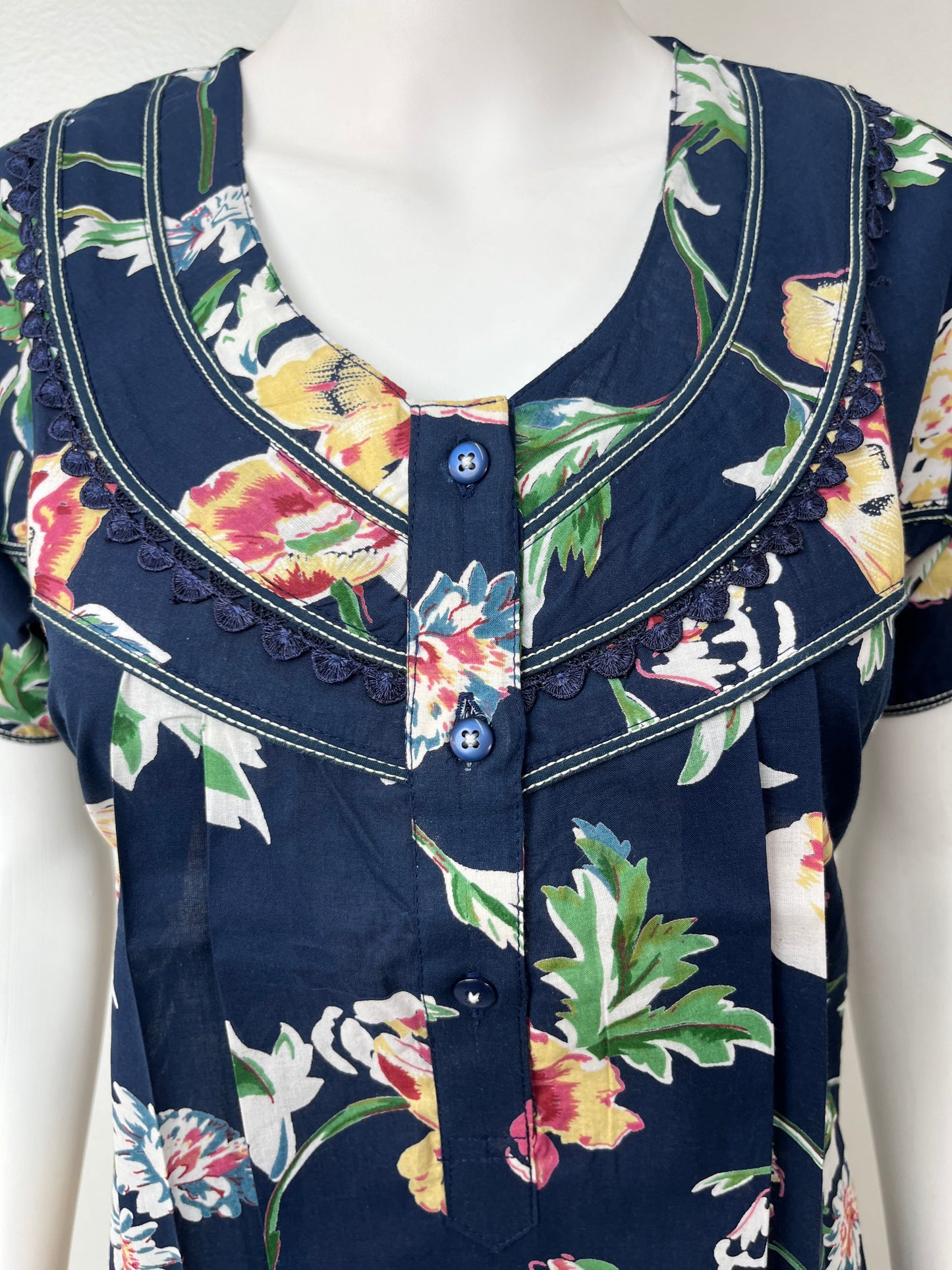 Navy Blue Printed 100% Cotton Nightgown for Women