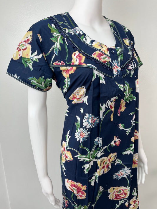 Navy Blue Printed 100% Cotton Nightgown for Women