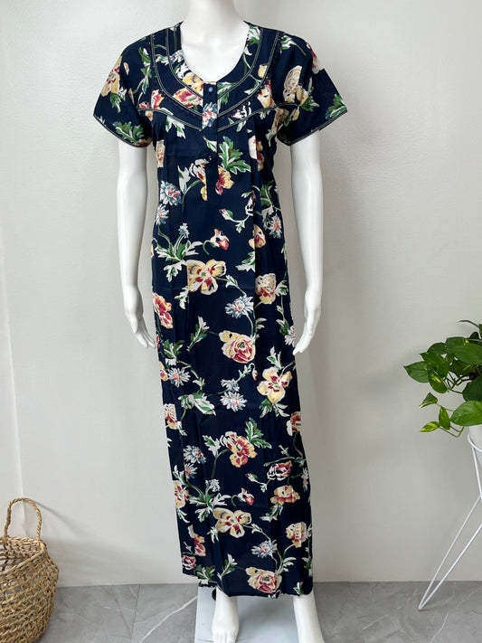 Navy Blue Printed 100% Cotton Nightgown for Women