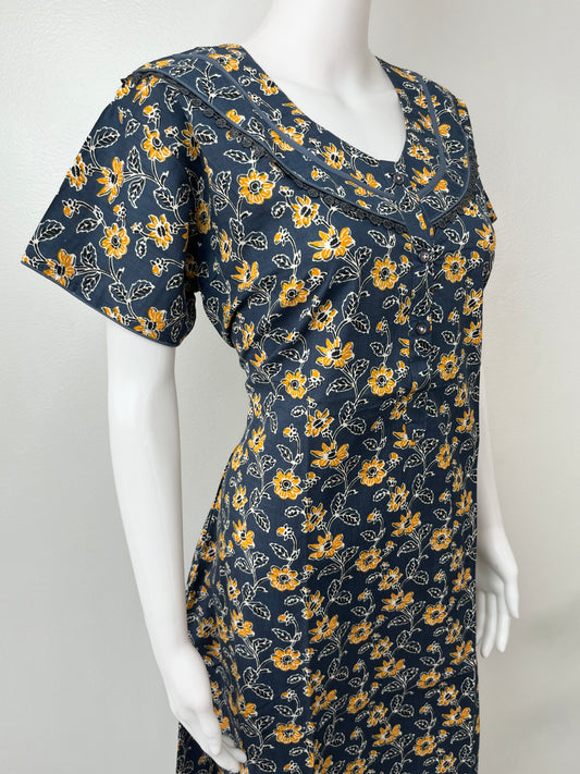 Navy Blue Pure Cotton Nighty with Floral Print