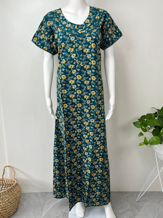 Blue Floral Printed Pure Cotton Pleated Nightgown