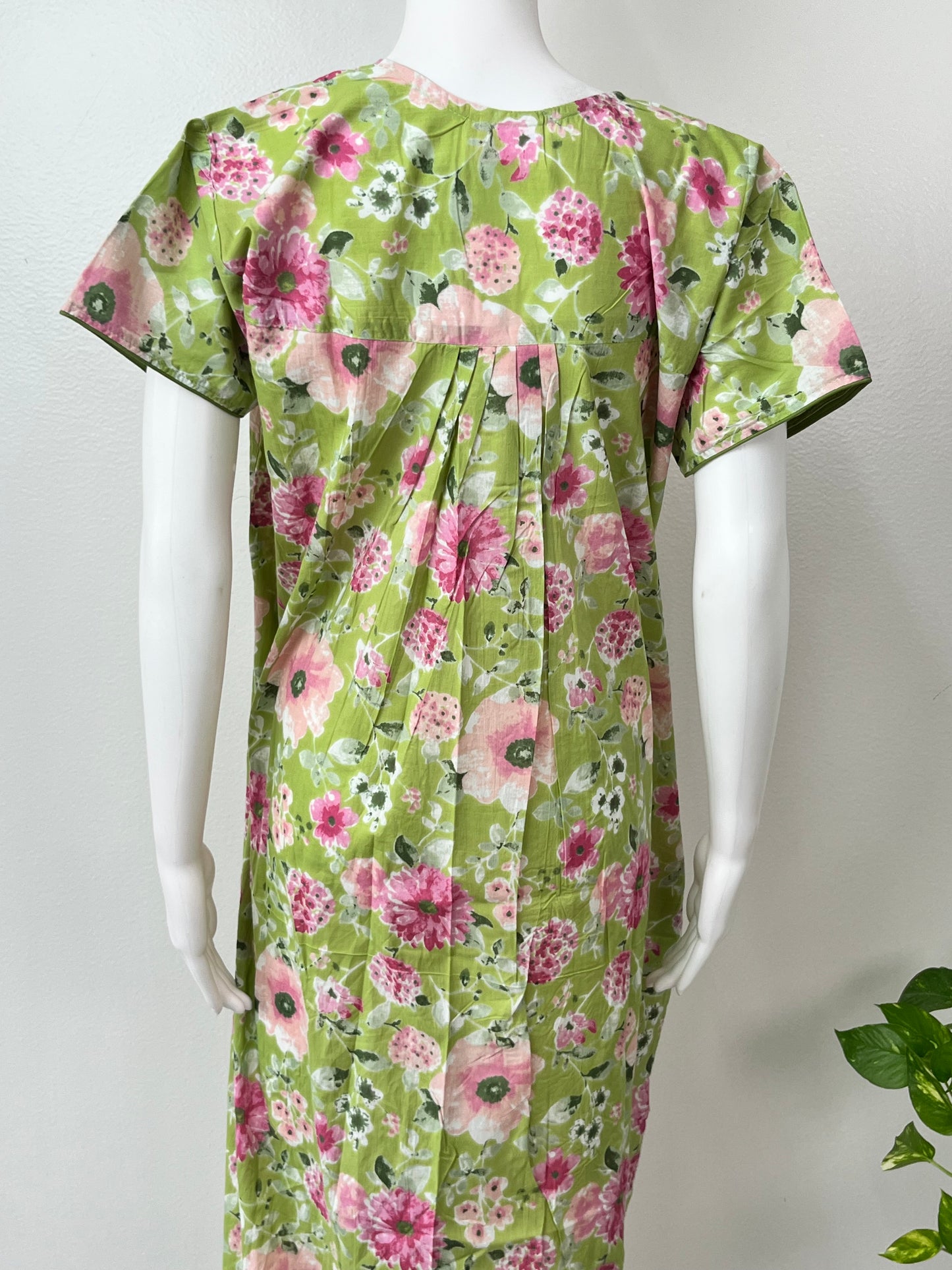 Lime Green Pleated Pure Cotton Nightgown for Women