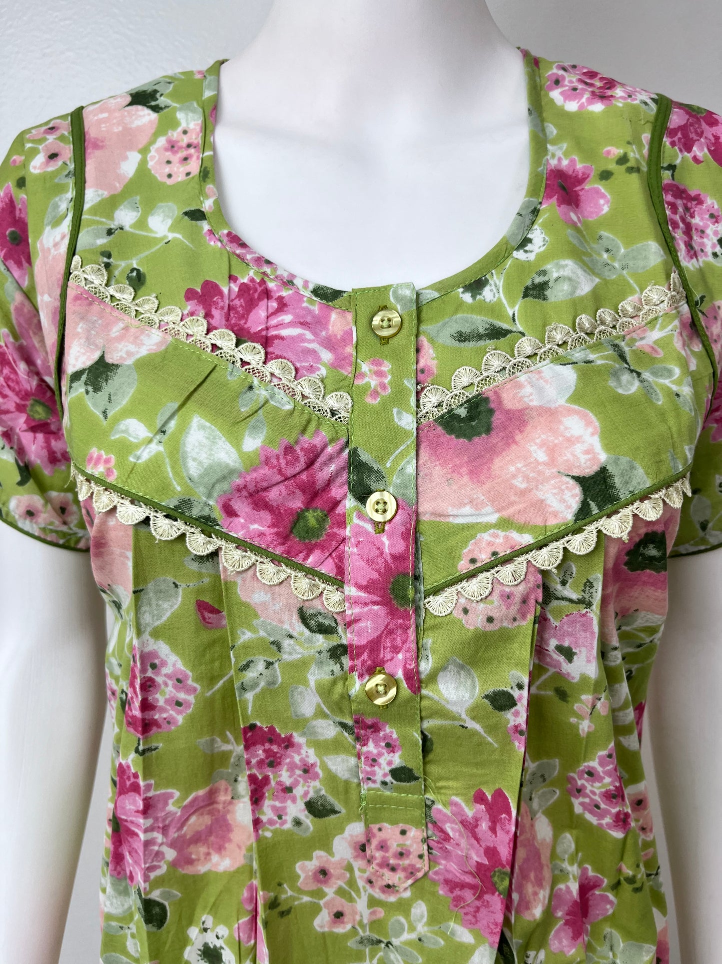 Lime Green Pleated Pure Cotton Nightgown for Women