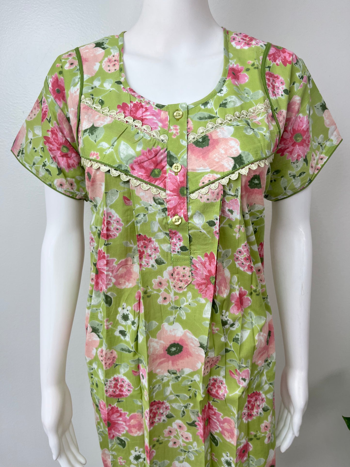 Lime Green Pleated Pure Cotton Nightgown for Women
