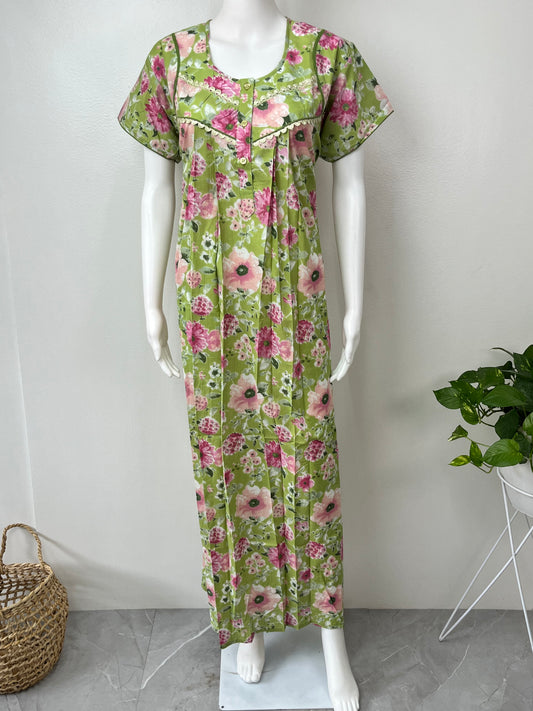 Lime Green Pleated Pure Cotton Nightgown for Women