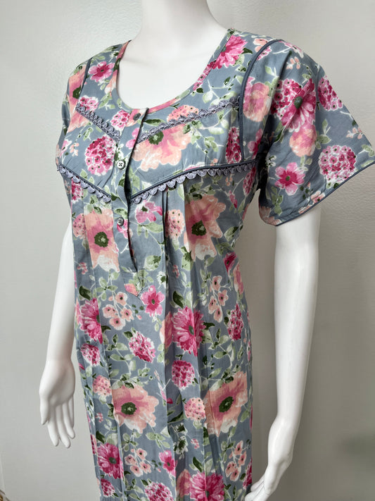 Grey 100% Cotton Nighty with Contrast Print