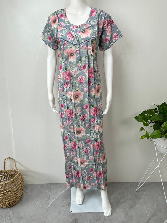 Grey 100% Cotton Nighty with Contrast Print