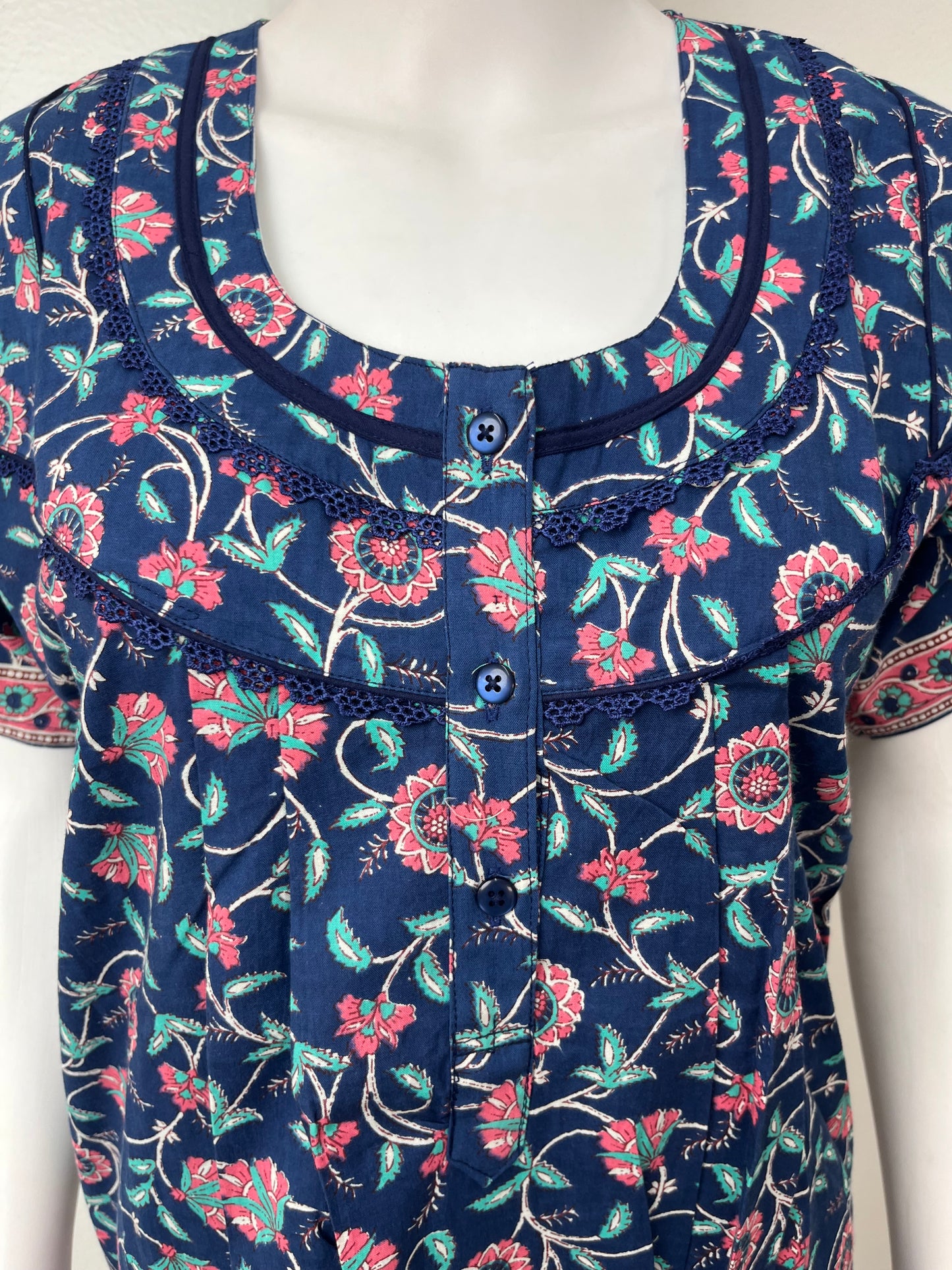 Royal Blue Pure Cotton Nightgown with Contrast Print