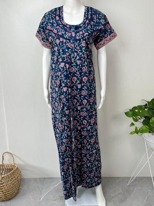 Royal Blue Pure Cotton Nightgown with Contrast Print