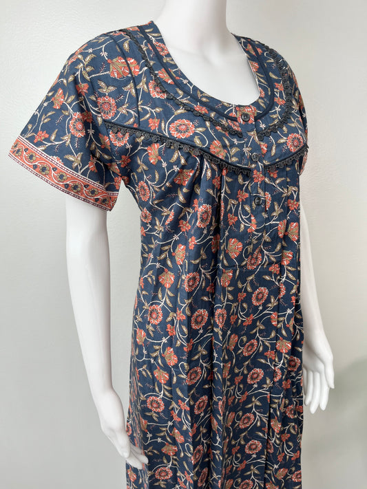 Navy Blue Printed 100% Cotton Nighty