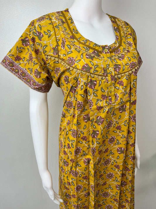 Mustard Floral Printed 100% Cotton Nighty.