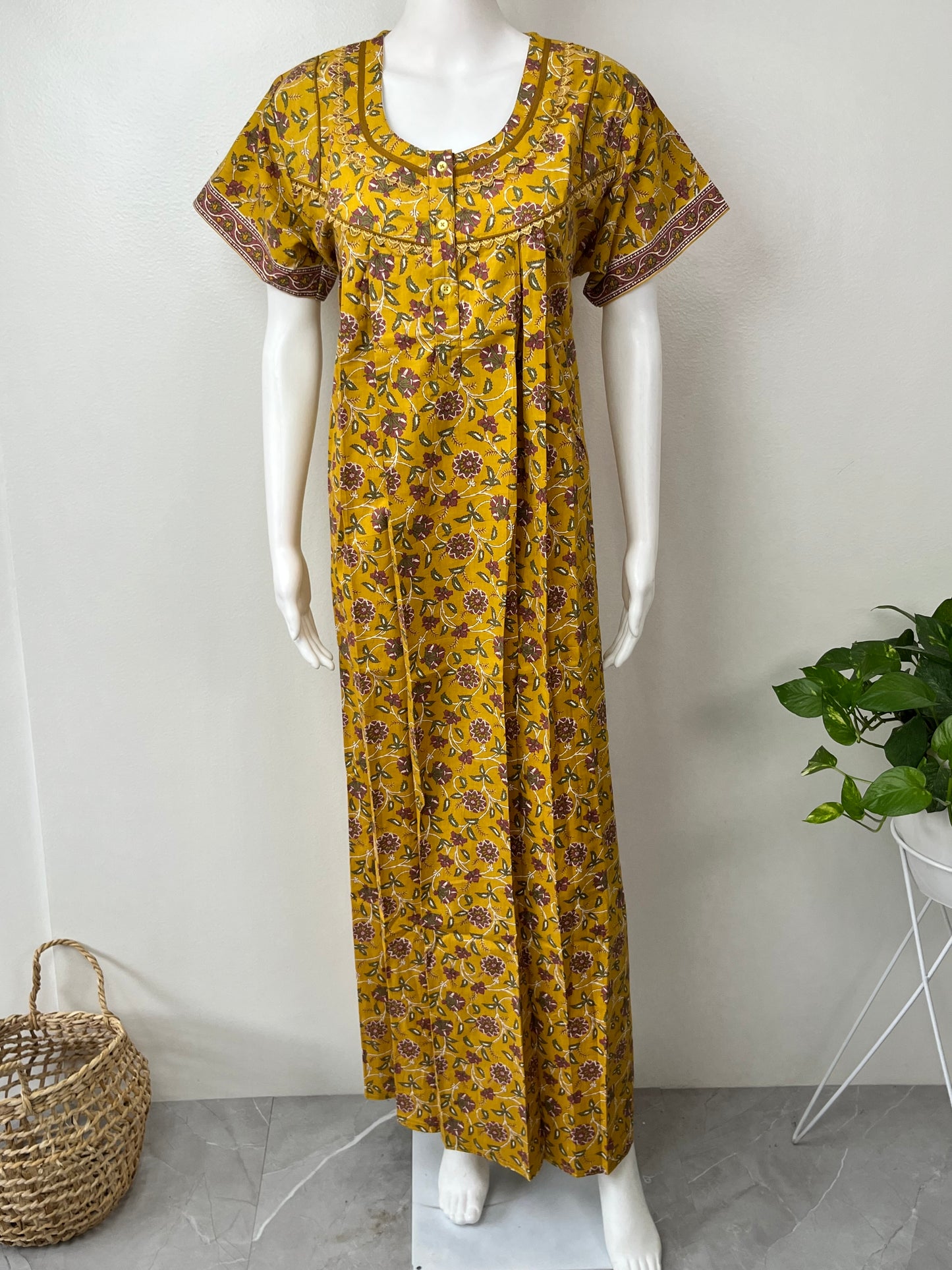 Mustard Floral Printed 100% Cotton Nighty.