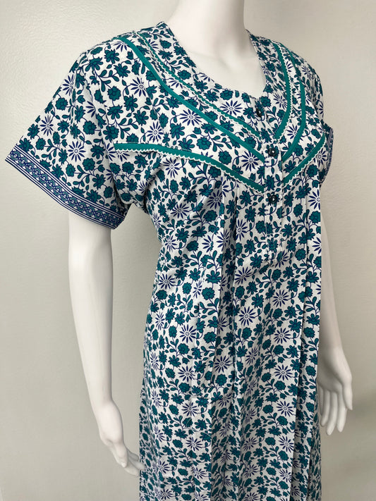 Blue Pleated Pure Cotton Nighty for Women