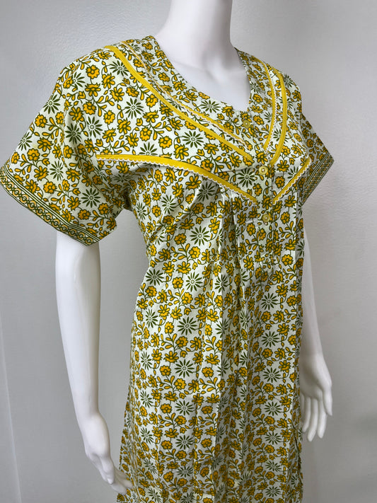 Yellow Pure Cotton Pleated Nighty for Women