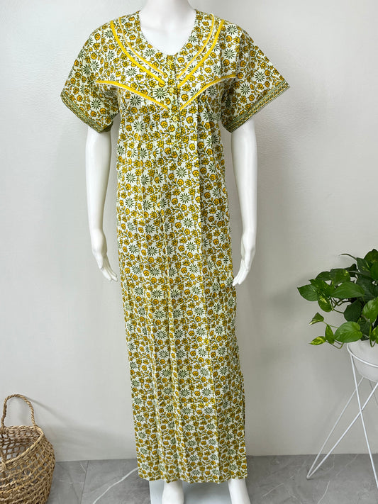 Yellow Pure Cotton Pleated Nighty for Women