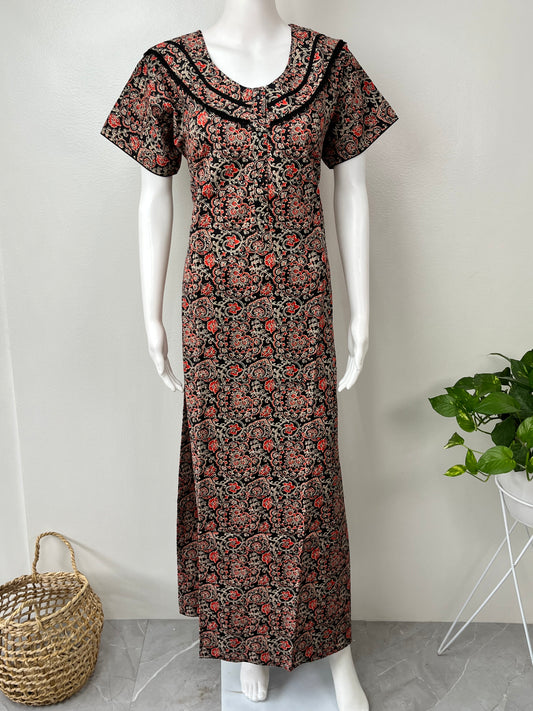 Black 100% Cotton Nightgown With Contrast Print