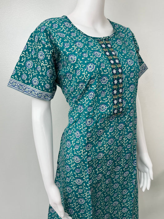 Sea Green Pure Cotton Embroidered Nightgown for Women