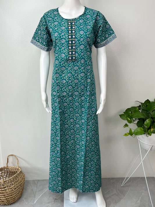 Sea Green Pure Cotton Embroidered Nightgown for Women