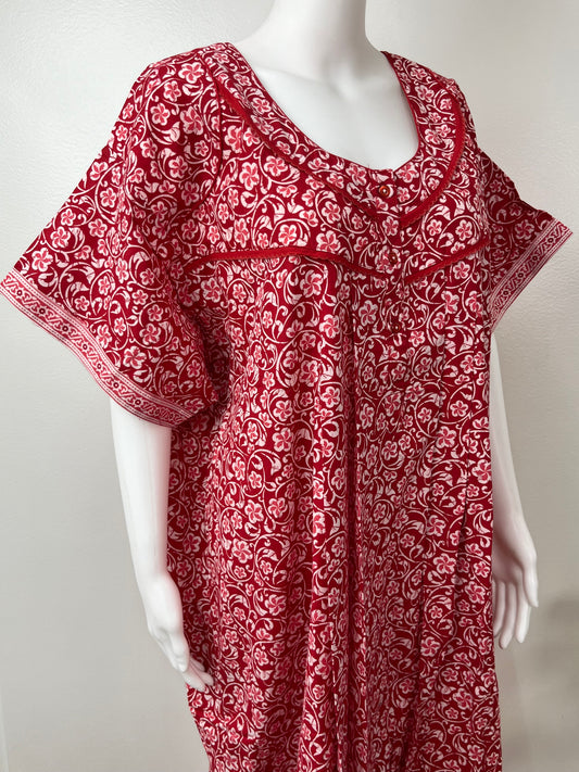 Red Floral Printed 100% Cotton Nighty for Women