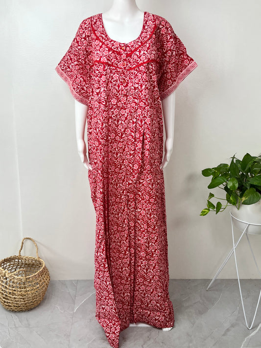 Red Floral Printed 100% Cotton Nighty for Women