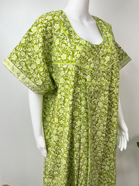 Green Pleated Pure Cotton Nightgown for Women