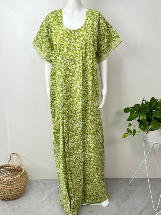 Green Pleated Pure Cotton Nightgown for Women