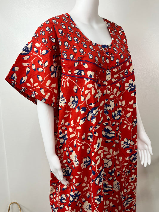 Red Pleated Pure Cotton Nighty for Women