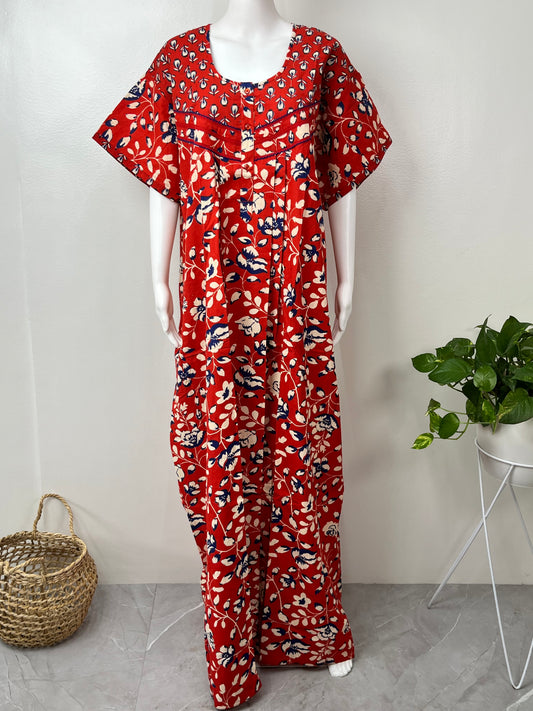 Red Pleated Pure Cotton Nighty for Women