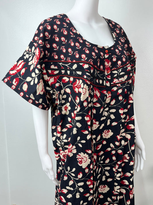 Black Pure Cotton Nighty with Contrast Print