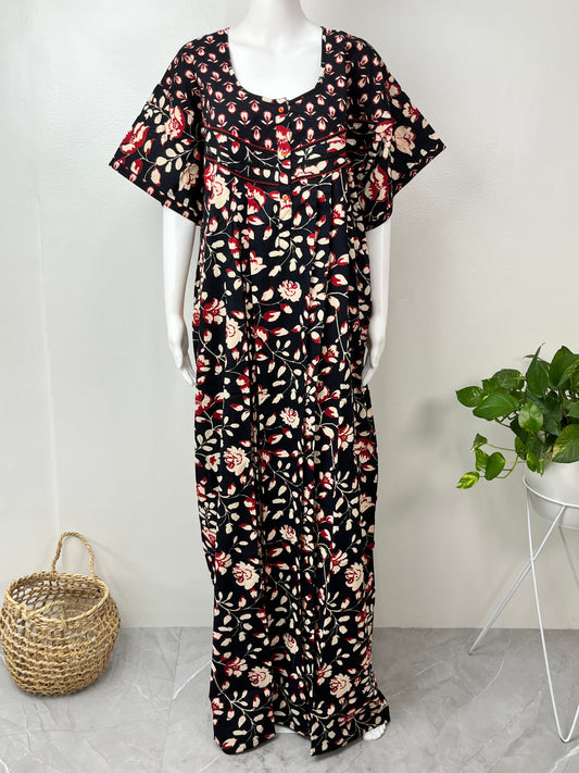 Black Pure Cotton Nighty with Contrast Print
