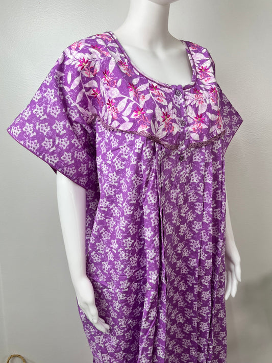 Lavender Pure Cotton Nightgown with Embroidery.