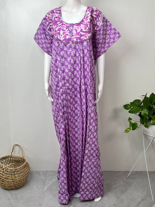 Lavender Pure Cotton Nightgown with Embroidery.