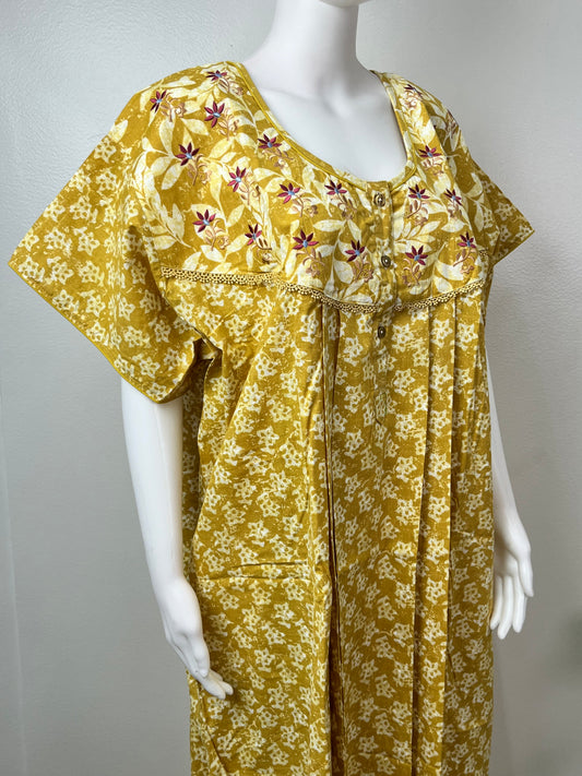 Yellow Pleated Pure Cotton Nighty for Women.