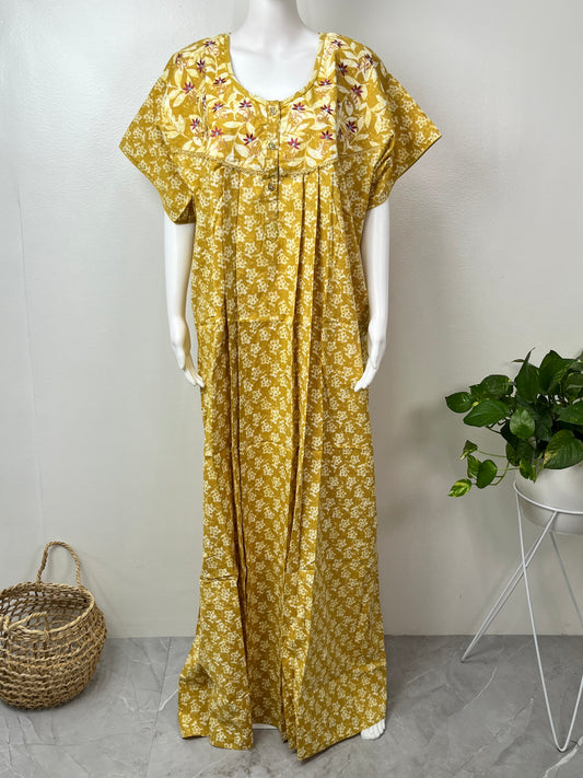 Yellow Pleated Pure Cotton Nighty for Women.