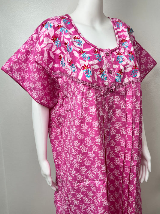 Hot Pink 100% Cotton Nighty With Classic Embroidery