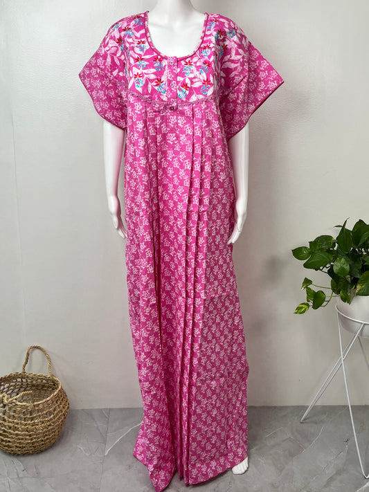 Hot Pink 100% Cotton Nighty With Classic Embroidery