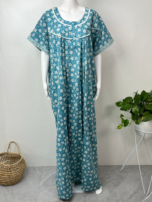 Blue Printed 100% Cotton Nightgown for Women