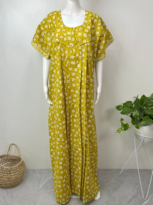 Yellow Floral Pure Cotton Women's Nighty