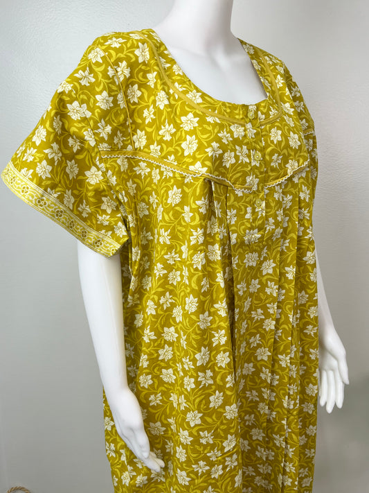 Yellow Floral Pure Cotton Women's Nighty