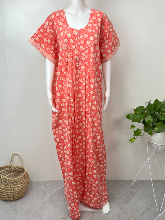 Orange Floral Printed 100% Cotton Nighty