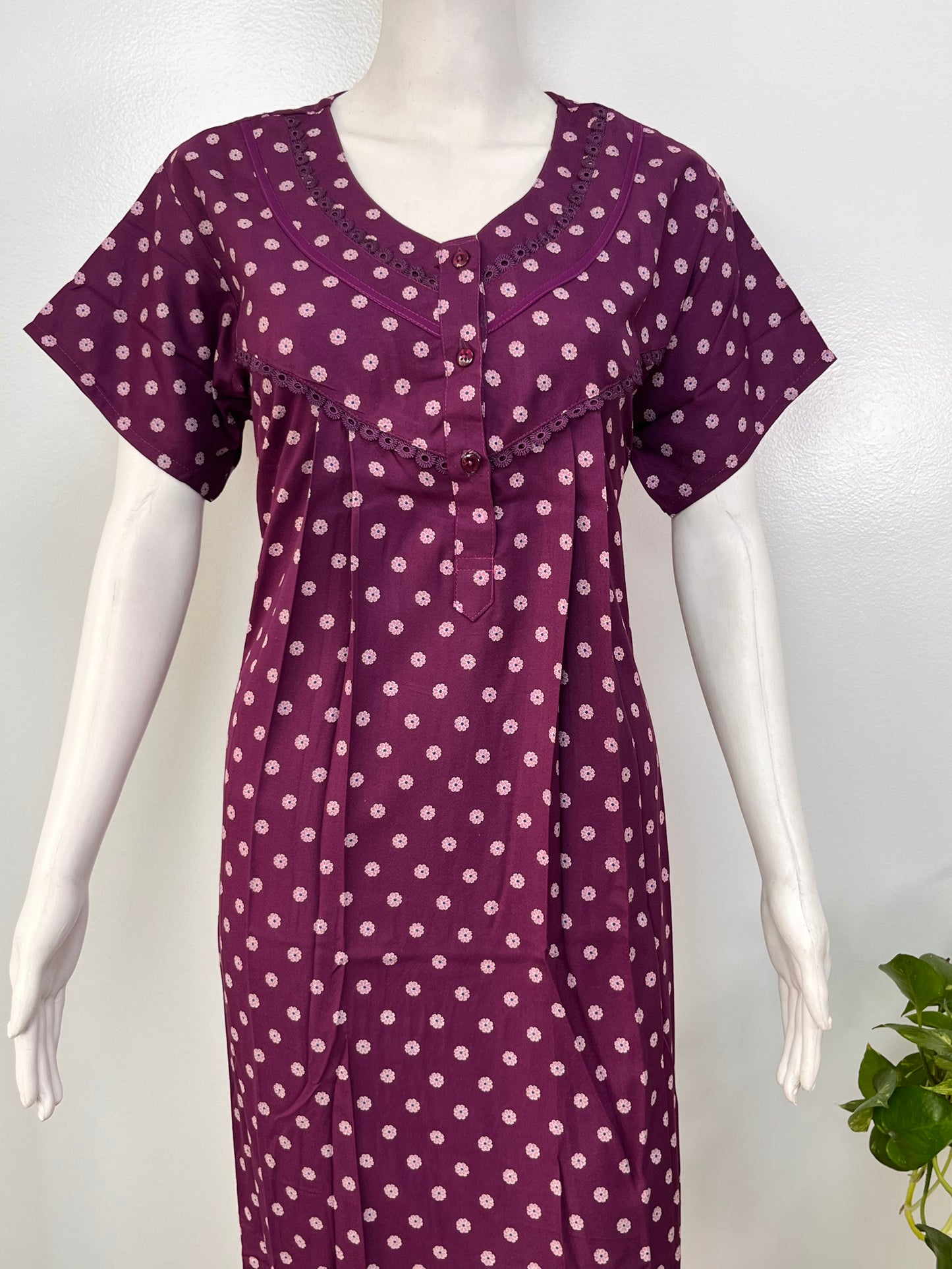 Floral print alpine pleated nighty for women with pocket